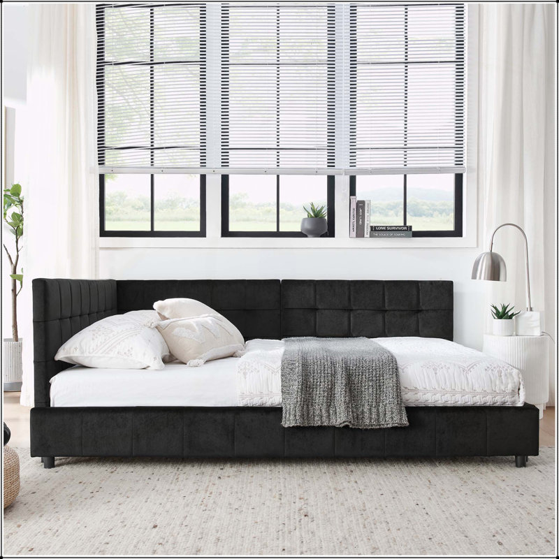 Comfortable Upholstered Sofa Bed Frame with Stylish Backrest and Armrests for Versatile Use, Black