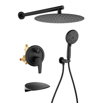 12 Inch Wall Mount Shower System With Hand Shower Single Handle Shower Faucet Set Brass Waterfall Shower Trim Kit With Tub Spout