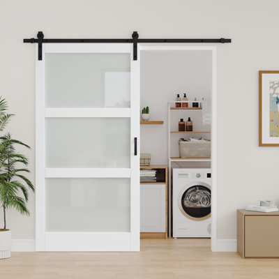 84''H 3-Lite Frosted Glass Sliding Barn Door MDF Solid Wood Interior Closet Doors with Installation Hardware Kit with Soft Close(Assembly Required)