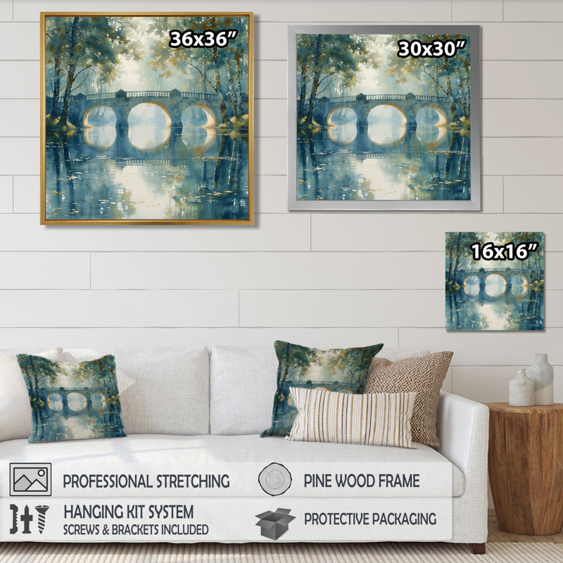 «Beige Green River Reflections Park Bridge I», art mural, Toile tendue, H 16 po x l 16 po x P 1 po