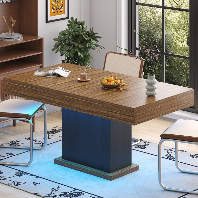 Table de salle à manger avec 2 tiroirs, table de cuisine rectangulaire moderne pour 6 personnes, tables de salle à manger longues avec bandes à DEL pour le salon de la cuisine (noir et brun rustique)