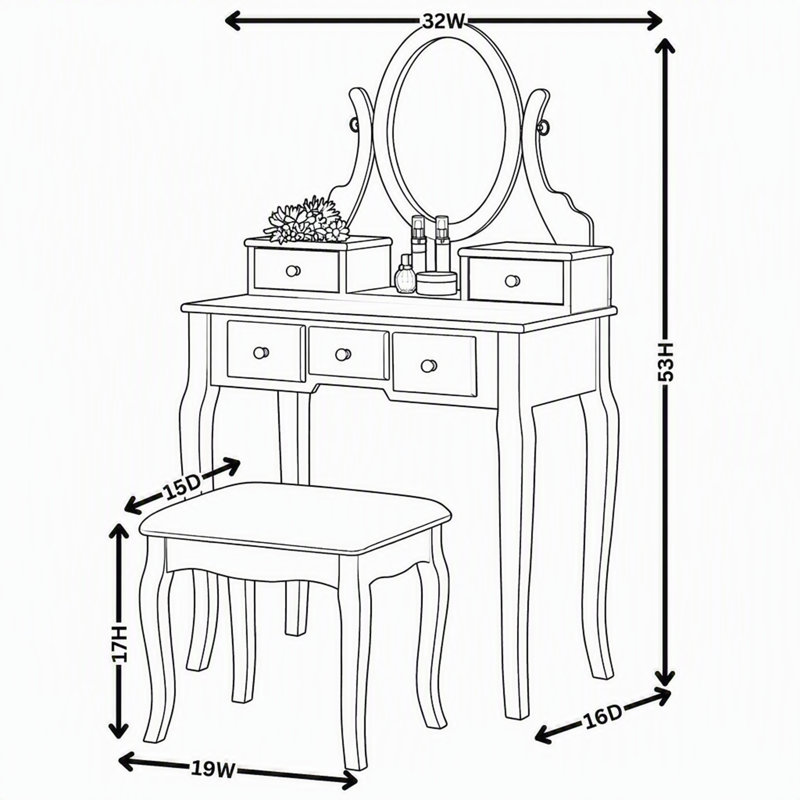 Ensemble coiffeuse et tabouret Ashley Wood, coiffeuse à 5 tiroirs avec miroir ovale réglable, blanc, White