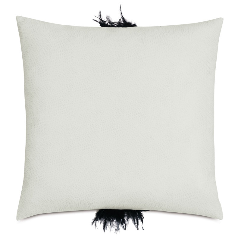 22" Square Off-White Faux Leather Pillow with Black Feather Trim