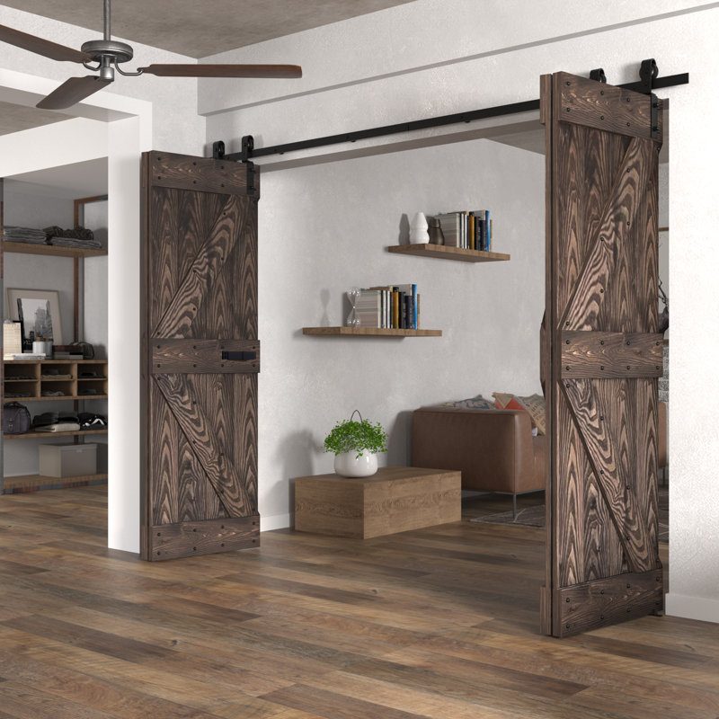 Porte de grange pliable en bois noueux avec quincaillerie Coast Sequoia Embossin, 72 po x 84 po, Café