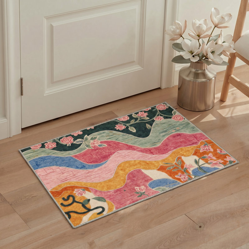 Verdant Floral Machine Washable Green / Pink / Blue / Yellow / Orange Indoor Area Rug with Non-Slip Backing
