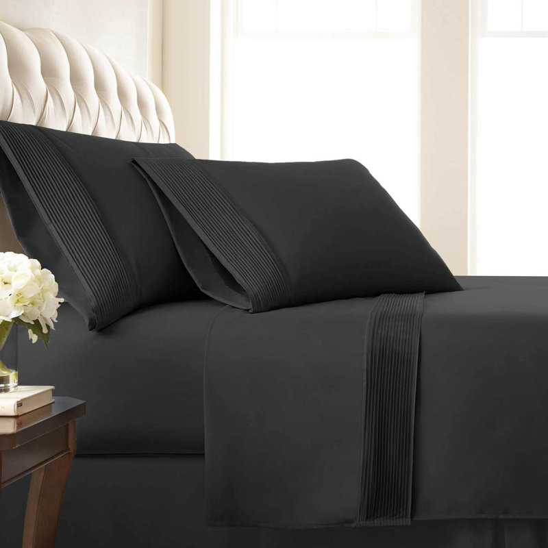 Southshore Fine Linens Vilano Extra Deep Pocket Pleated Sheet Set, Double-Brushed Microfiber 21-Inch Deep Pocket Sheets with Pleated Hem, 2 Fitted Sheets, 2 Pillowcases, Split King, Black