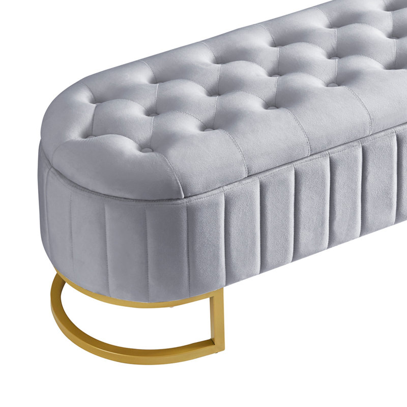 Élégant repose-pieds de rangement rembourré en velours avec capitonnage à boutons, Gris