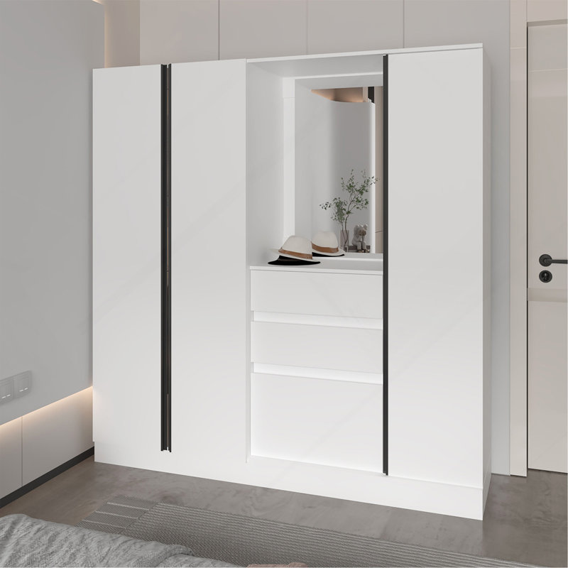 Organisateur de garde-robe blanc avec miroir et compartiments de rangement