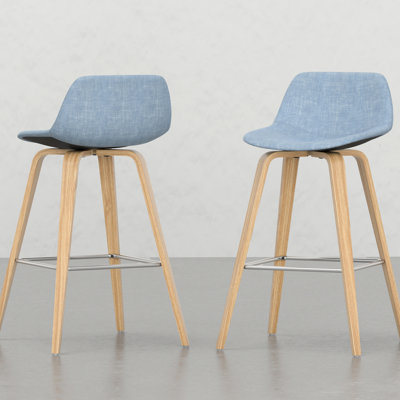 Tabourets de comptoir / de bar (2) - Design épuré, revêtement bleu denim, 2 dossier, siège, pieds et repose-pieds courbés pour plus de confort
