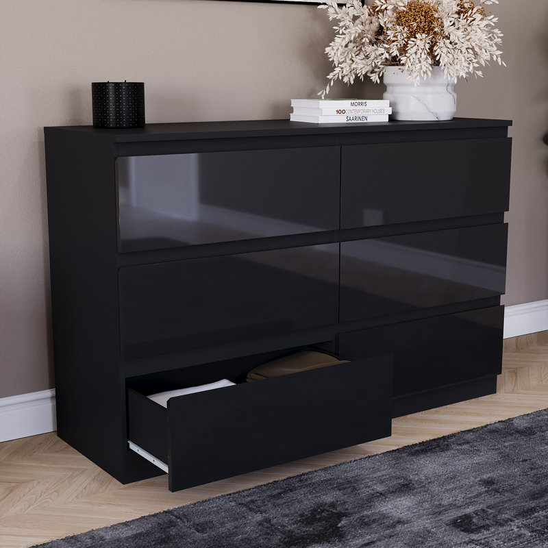 Oslo 6 Drawer High Gloss Chest, (FSC 100%) Bedroom Home Storage Furniture, Black