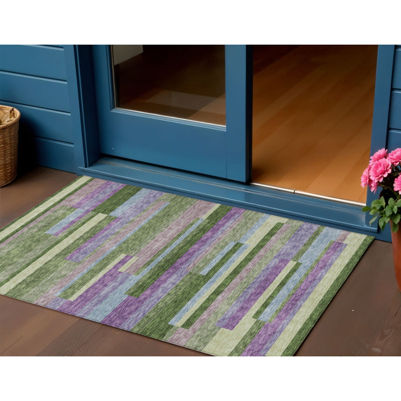 3' X 5' Moss Green Olive Green And Purple Striped Washable Indoor Outdoor Area Rug
