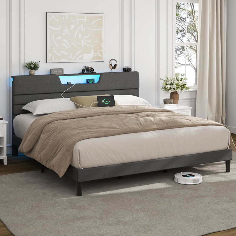 Bed Frame With Charging Station, Led Lights, Upholstered Headboard, Dark Gray, King