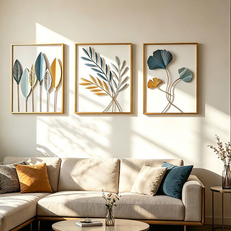 3-Piece Modern Metal Leaf Wall Art Set , Gold/Blue