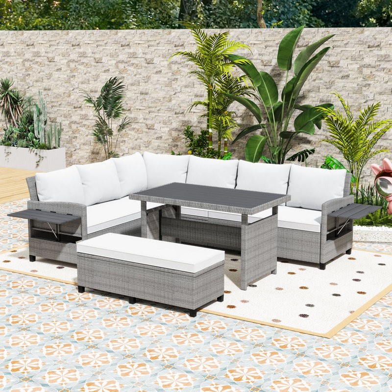 5-Piece PE Wicker Outdoor Conversation Set with Extendable Side Tables and Comfortable Cushions, White/Light Gray