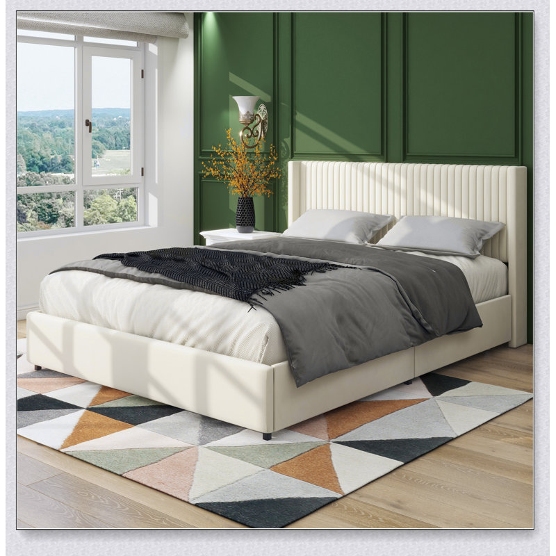 Patented 2-Drawer Storage Bed Queen Size Ivory Velvet Upholstered Wingback Platform Bed