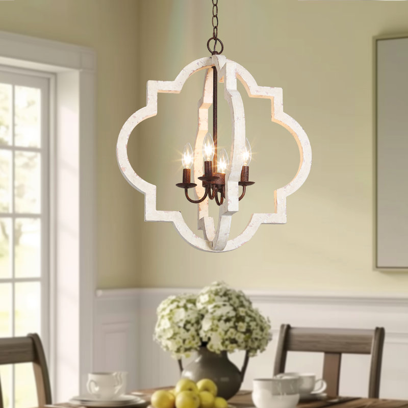 Aziz 4 - Light Candle Style Geometric Chandelier with Wood Accents, Beige, 25" H x 22" W x 22" D