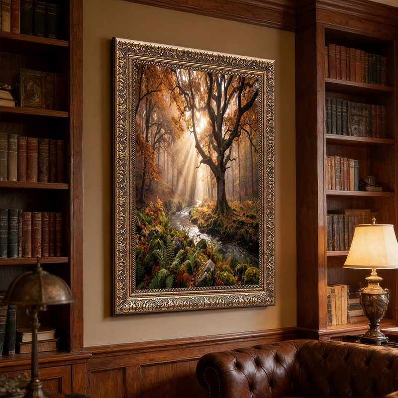 Toile dorée à travers un arbre antique sur un ruisseau moussu, art mural, H 24 po x l 36 po