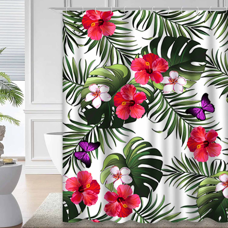 Rideau de douche imperméable à l'eau avec palmiers et hibiscus, L 72 po x l 78 po