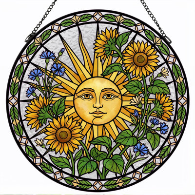 Sunflower Sun Stained Glass Window Panel，12"H