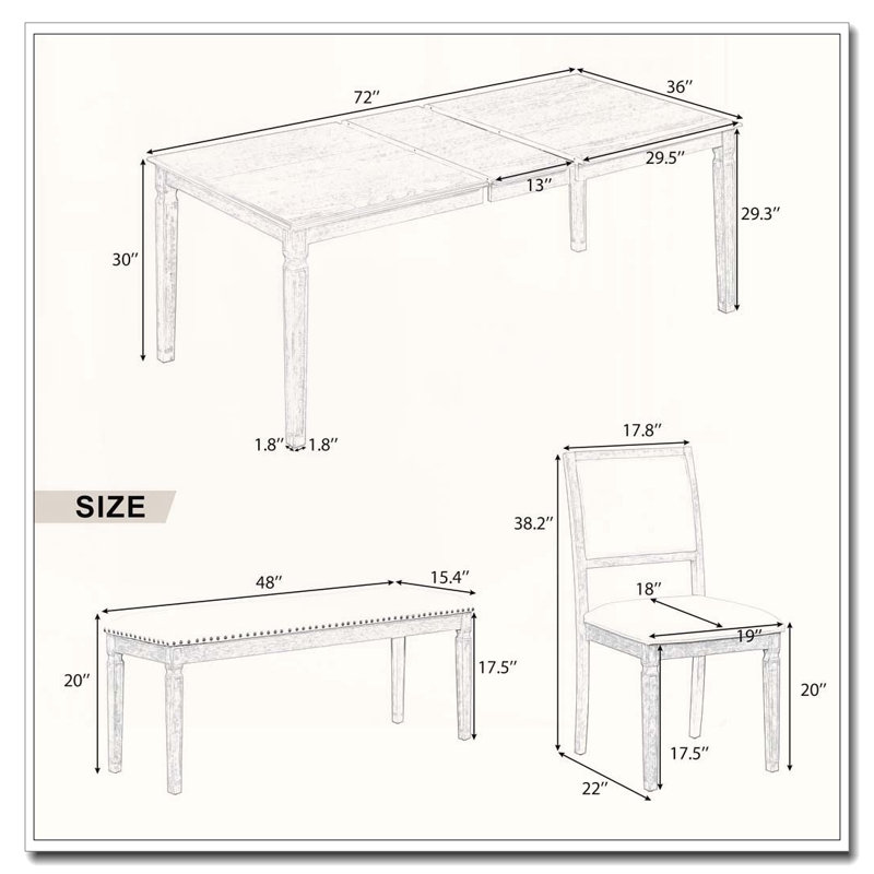 Ensemble de salle à manger extensible 6 pièces avec banc et pieds sculptés (blanc délavé) 6 pièces, Blanchies