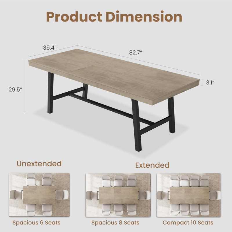 Table de salle à manger extensible 63 "à 83" pour 6 à 8 personnes - Table rectangulaire avec structure en métal robuste, pour la salle à manger, la cuisine et les fêtes