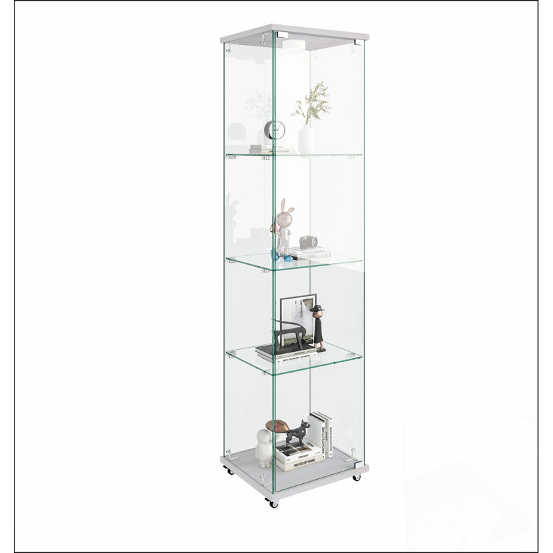 Vitrine moderne en verre avec lumières DEL, assemblage rapide, verre trempé, 1 porte, 4 tablettes, idéale pour les salons et les chambres à coucher, blanc