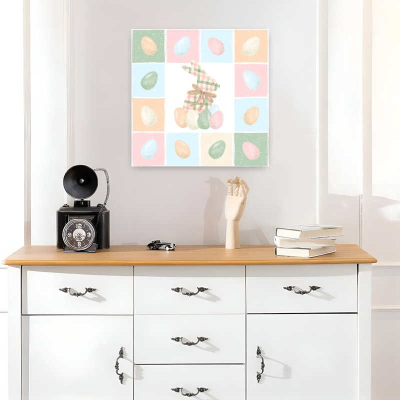 «Plaid Bunny Pastel Eggs Delicate Abstract Contemporary Lapin Spring Forest», reproduction d'art murale, H 18 po x l 18 po