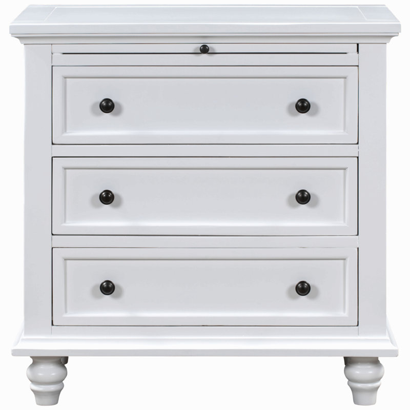Table de chevet peinte 27,6 "avec plateau coulissant, armoire de chevet tendance avec 3 tiroirs, Blanc