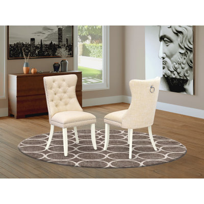 Dallas Parson Chairs - Button Tufted Nailhead Trim Light Beige Polyester Fabric Padded Dining Chairs, Set of 2, Wirebrushed Bright Linen white