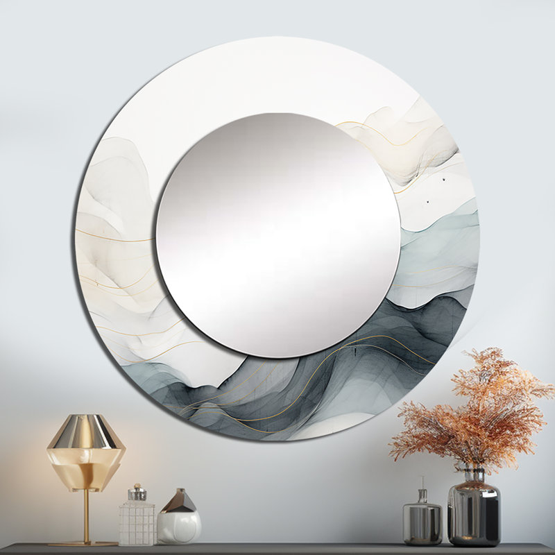 Bleu gris, dessin au trait, conceptuel abstrait II - art mural décoratif, miroir rond moderne, impression sur métal