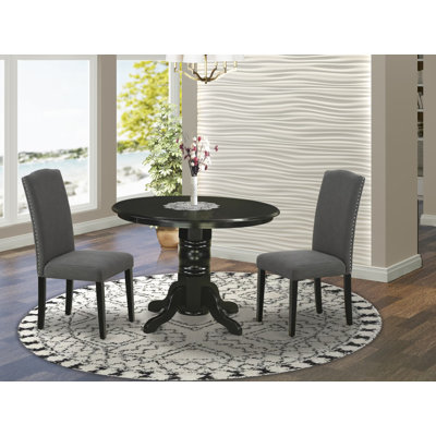 3 Piece Dining Room Set Contains a Round Kitchen Dining Table with Pedestal and 2 Dark Gotham Linen Fabric Upholstered Chairs, Black