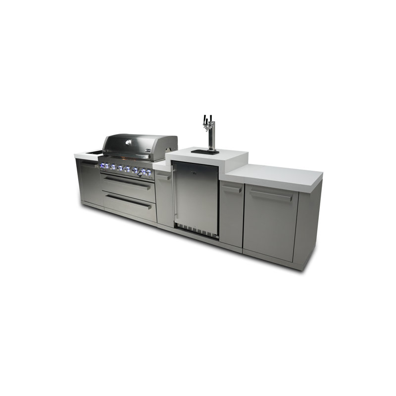 Mont Alpi 6-Burner Stainless Steel Outdoor Island Barbecue Grill + 3 Beer Tap Kegerator Refrigerator