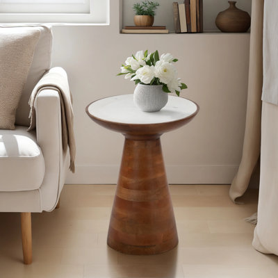 Table d'appoint en marbre de 20 po avec base en bois massif - Table d'appoint moderne pour le salon - Petite table d'appoint pour des espaces élégants et fonctionnels