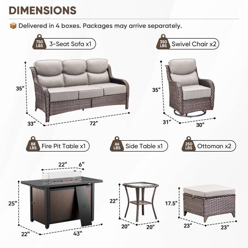 Ensemble de conversation de table de foyer d'extérieur en osier 7 pièces Polygala, Beige