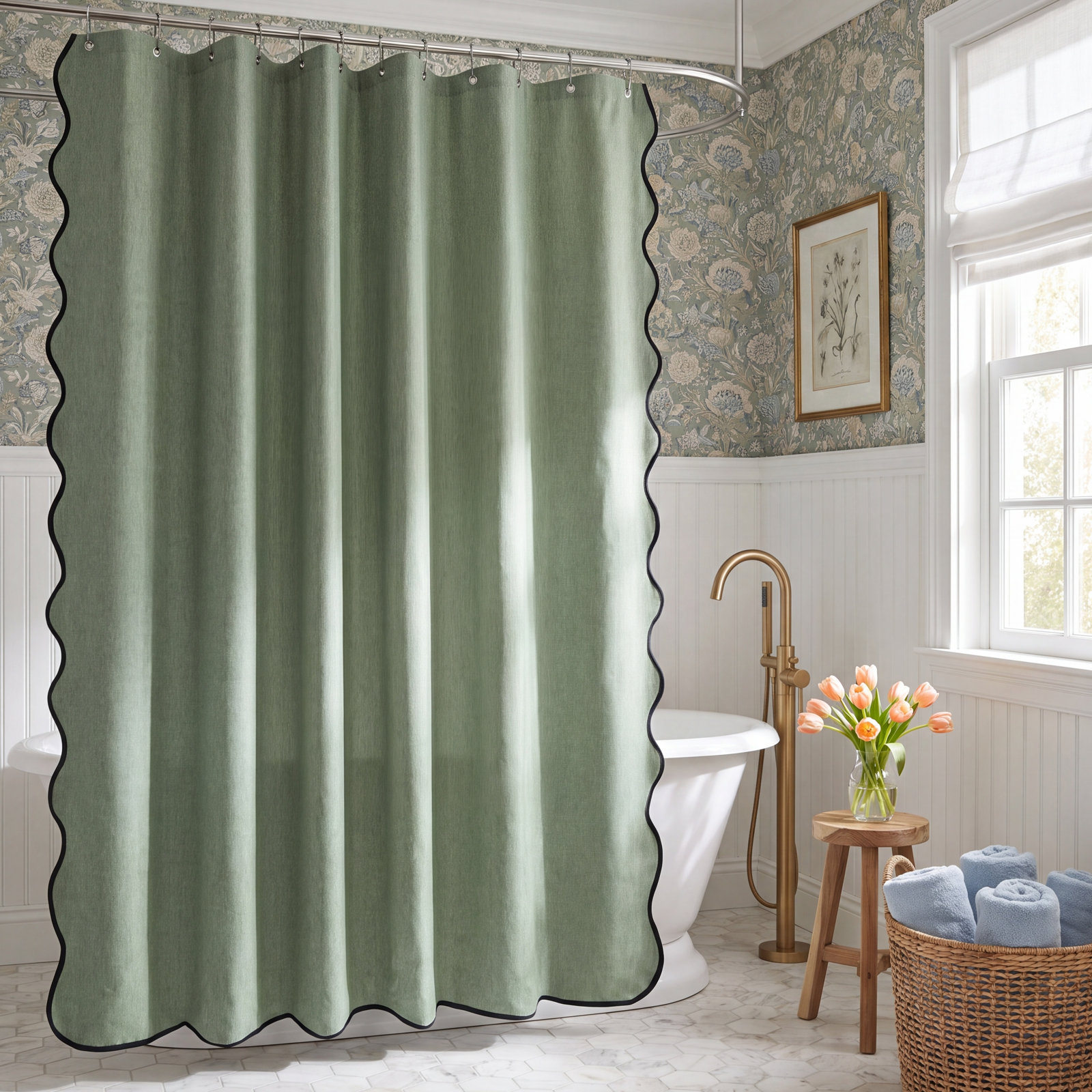 Linen Textured Scalloped Edge Shower Curtain, Sage, 84" H x 72" W