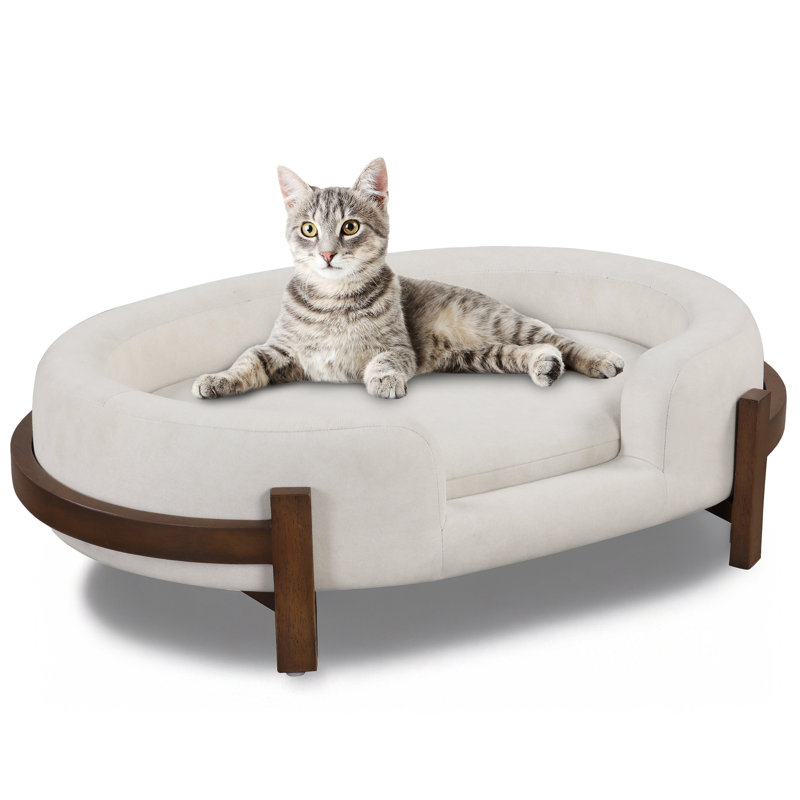 Coussin apaisant pour chien, en tissu résistant, structure en bois massif, forme ovale, 77,5 cm x 46,4 cm x 22,2 cm, beige, design apaisant.