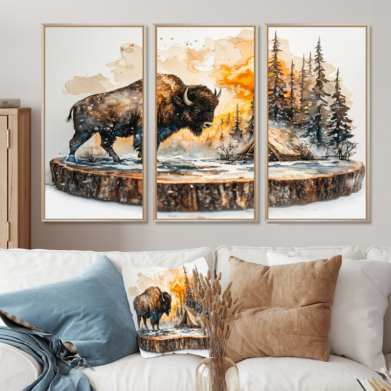 «Bison in Winter Forest Landscape I», art mural sur toile bison - ensemble de 3, H 28 po x l 36 po, Érable