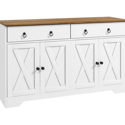 Buffet Cabinet With 2 Drawers, Storage Cabinets, 4 Doors, Adjustable Shelves, White Sideboard White, Wood Grain Top
