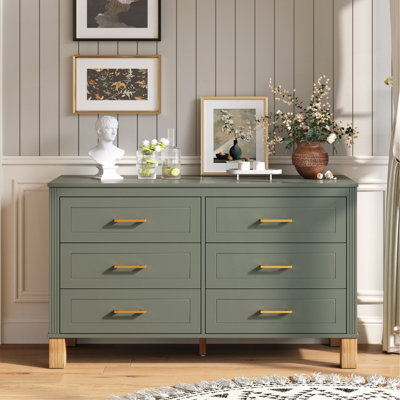Commode double 6 tiroirs en vert olive, armoire de rangement moderne avec poignées en métal et pieds en bois massif, organisateur de tiroir pour chambre d'enfant, commode en bois robuste avec préinstallé