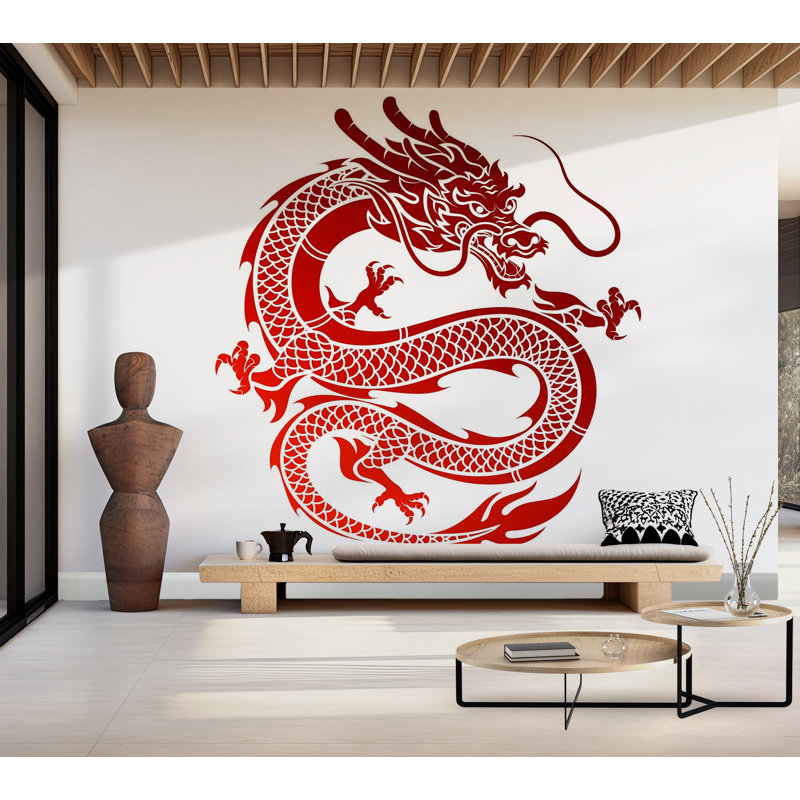 Murale pelez et collez de qualité supérieure - Illustration d'un dragon rouge, L 60 po x L 40 po