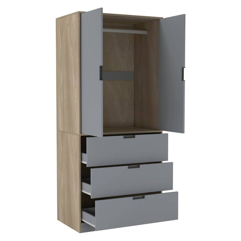 Stephy Solid Wood Wardrobe, Oak/Gray