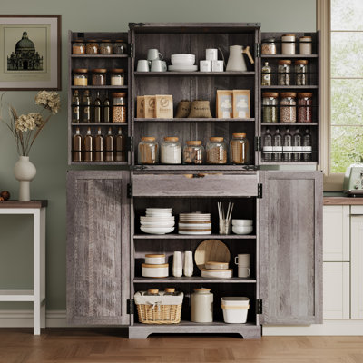 72" Farmhouse Kitchen Pantry Storage Cabinet With 12 Door Shelves, 6 Adjustable Shelves and 1 Hidden Drawer