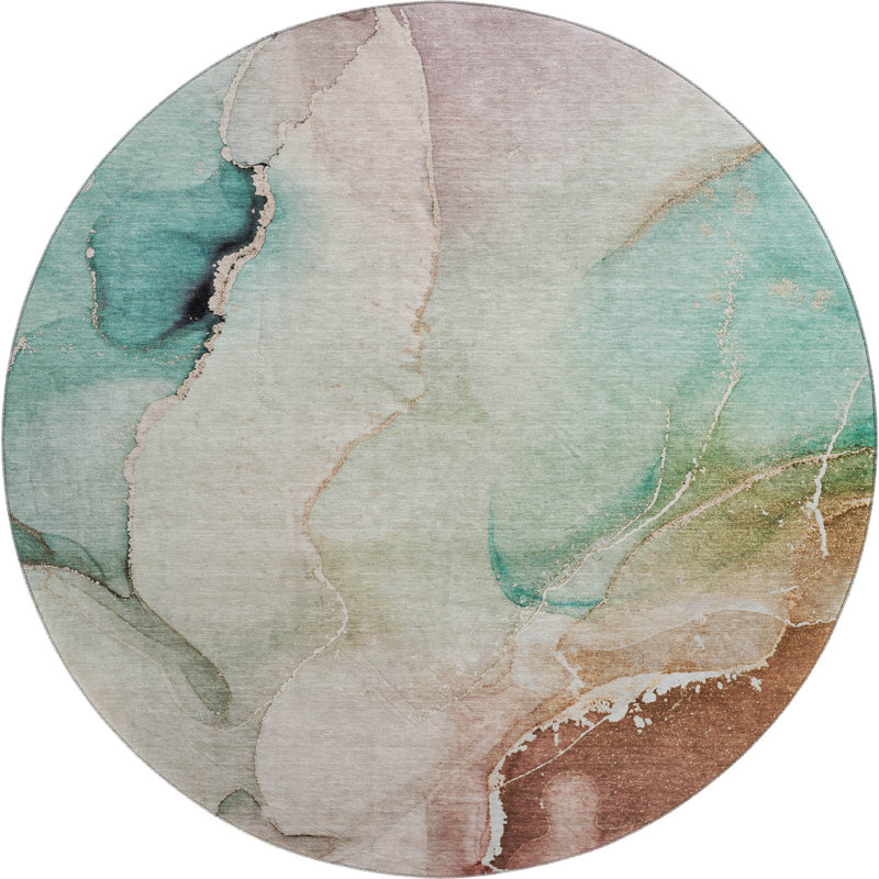 Premium Machine Washable Cerrito AMF521 Teal Rug, Round 8'