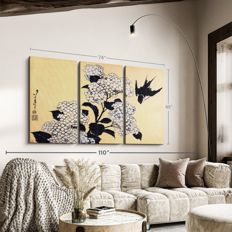 Hydrangea and Swallow - 3 pièces, reproduction sur toile tendue, H 48 po x l 74 po x P 1,25 po