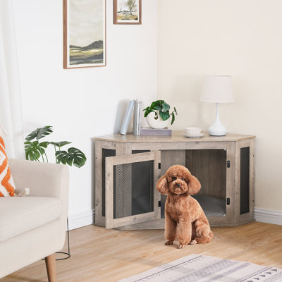 Corner Dog Crate Furniture Wooden Dog Kennel End Table Decorative Pet Crate Indoor Use