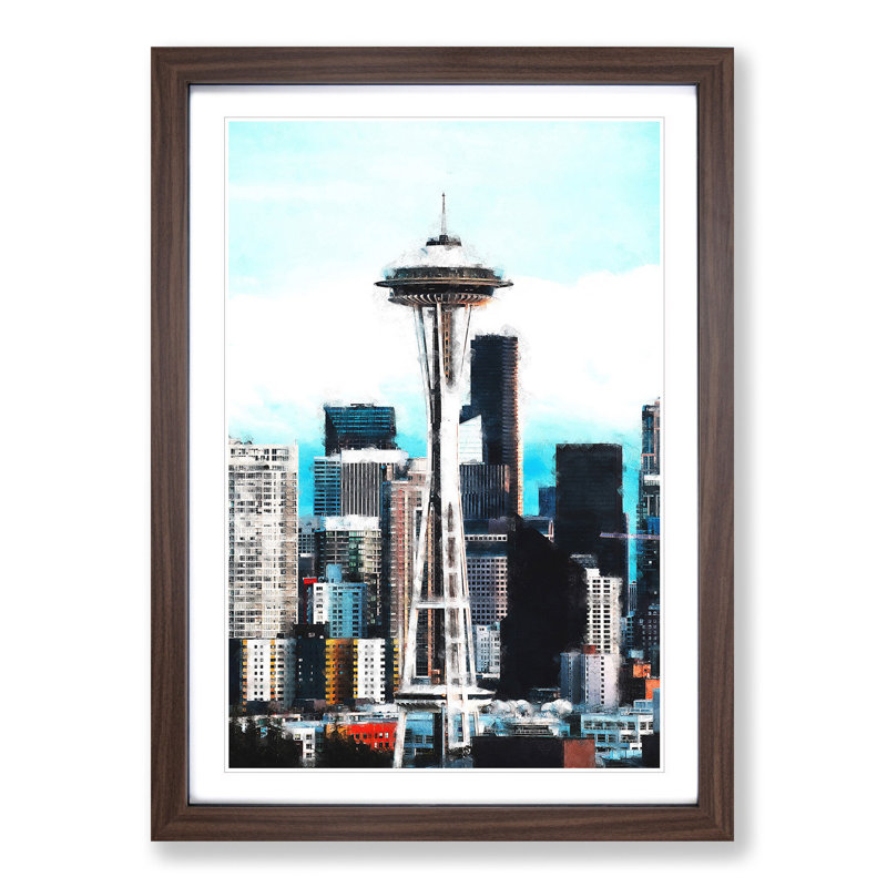 Space Needle In Seattle Washington Painting - Picture Frame Graphic Art, Walnut Framed, 87cm H x 62cm W x 2cm D