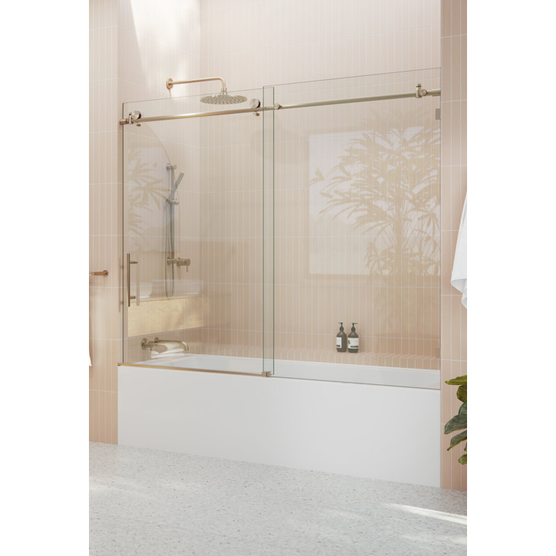 Porte de baignoire coulissante entièrement sans cadre 68 - 72 po x 60 po Eclipse, Bronze brossé