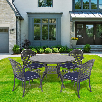 5 meubles en aluminium coulé - noir, empilable, coussin de patio extérieur avec coussins - aluminium, pour se détendre dans le jardin