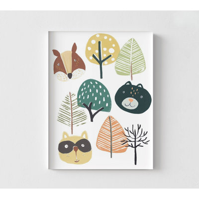 Forest Baby Animal Drawings Art Prints, Framed Tree Illustration Poster Print, Baby Animals Toddler Birthday Poster Prints