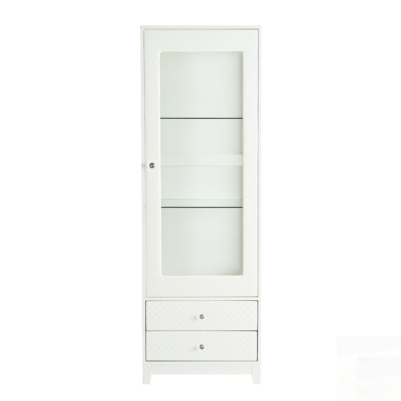 Vitrine autoportante rembourrée avec porte en verre, plafonnier et tablettes réglables pour une élégance moderne et polyvalente
